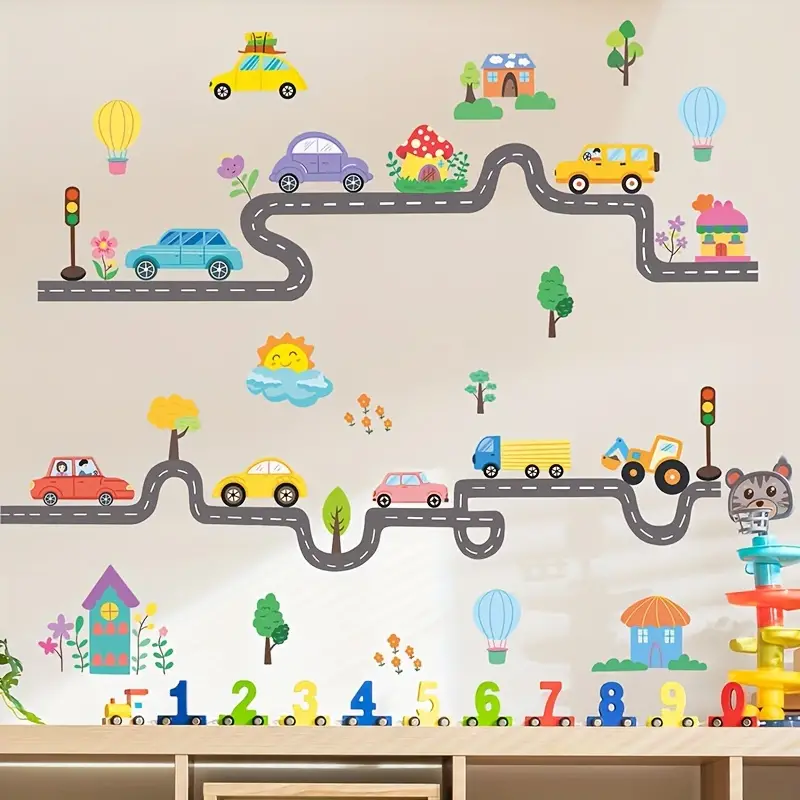 Kreativní samolepka na zeď - Kreslený vzor auta a silnice 