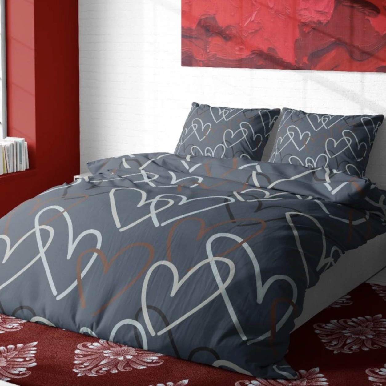 Flanelové povlečení De Luxe 140x200/70x90 cm - Srdíčka šedá