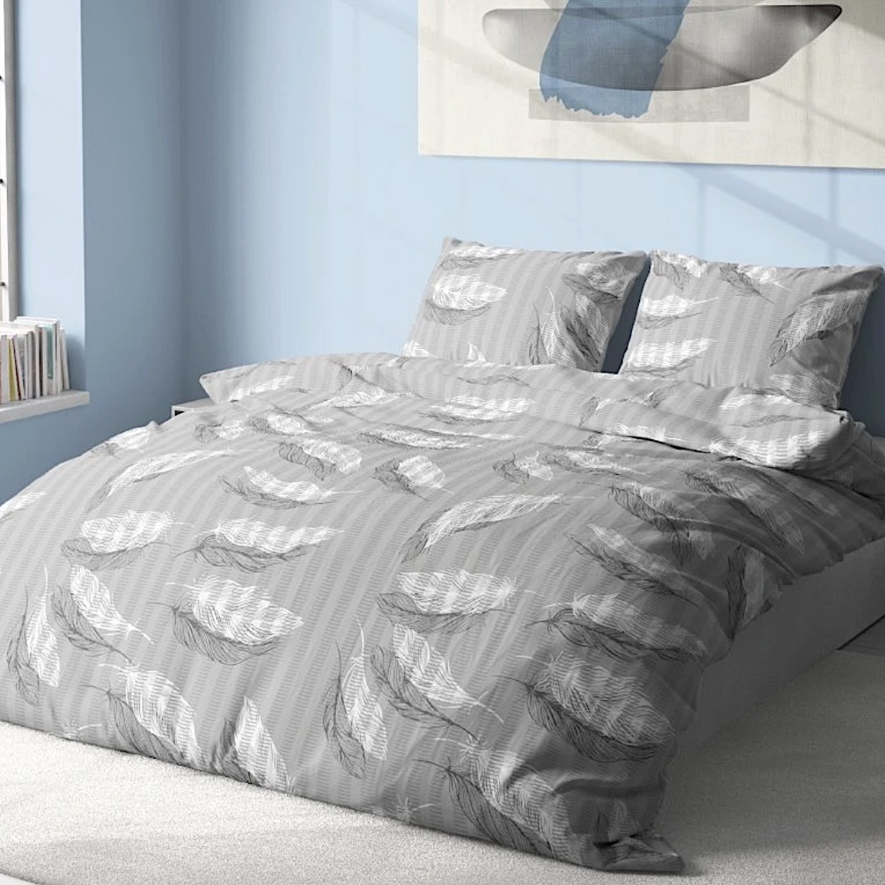 Krepové povlečení De Luxe 140x200/70x90 cm - Peříčka šedá 
