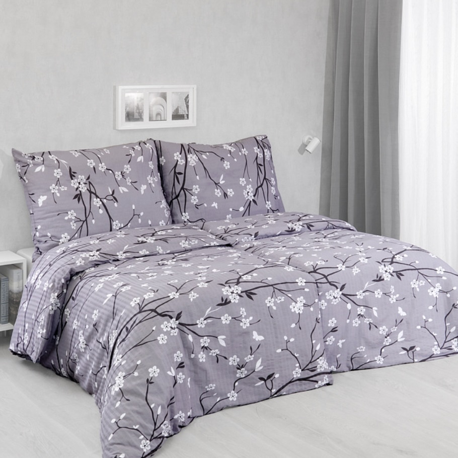 Krepové povlečení De Luxe 140x200/70x90 cm - Sakura šedá