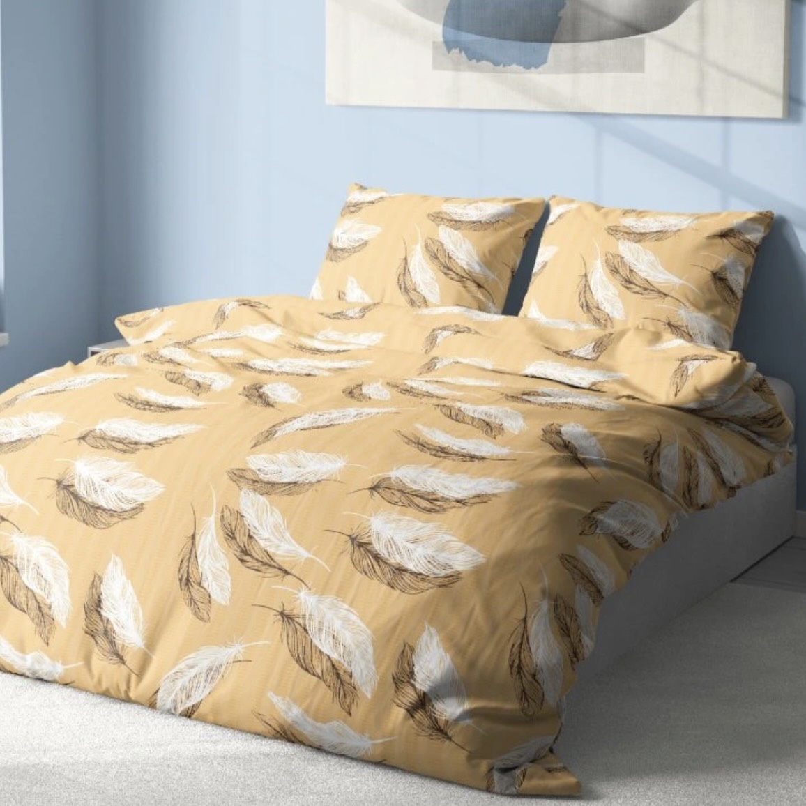 Krepové povlečení De Luxe 140x200/70x90 cm - Peříčka béžová 